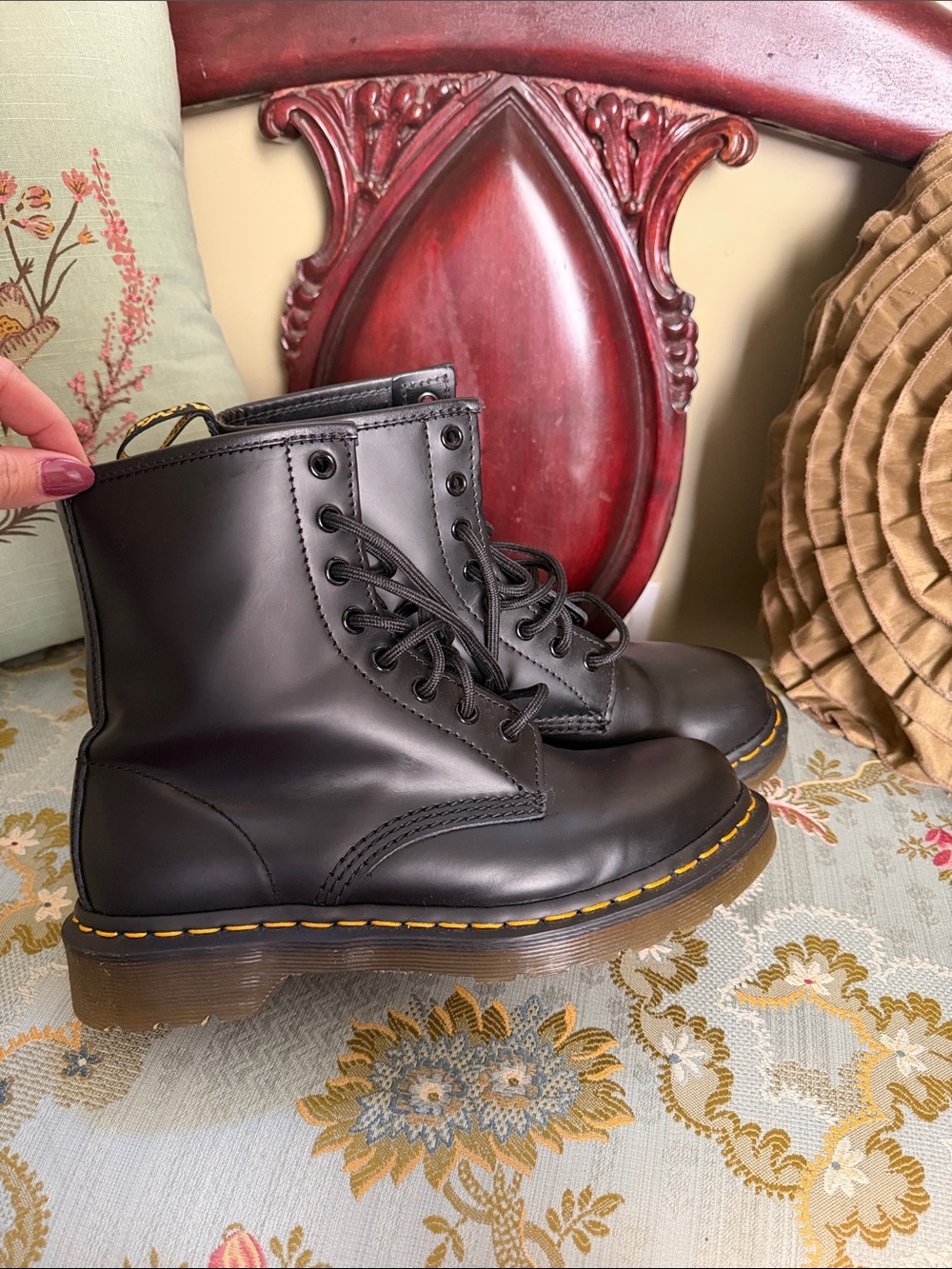 Dr. Martens Black Leather Lace-Up Boots with Yellow Welt Stitching